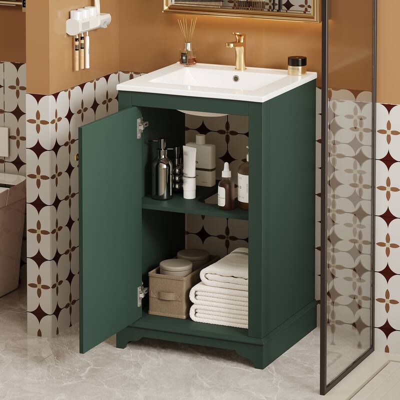20" Bathroom Vanity with Ceramic Sink - Soft Closing Door, Adjustable Shelf, Freestanding Modern Single Vanity - Green