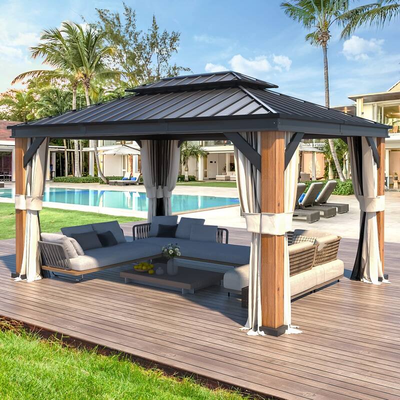 EROMMY Hardtop Gazebo Metal Gazebo with Faux Wood Grain Aluminum Frame, Outdoor Patio Gazebo Pergola - 12' x 16'