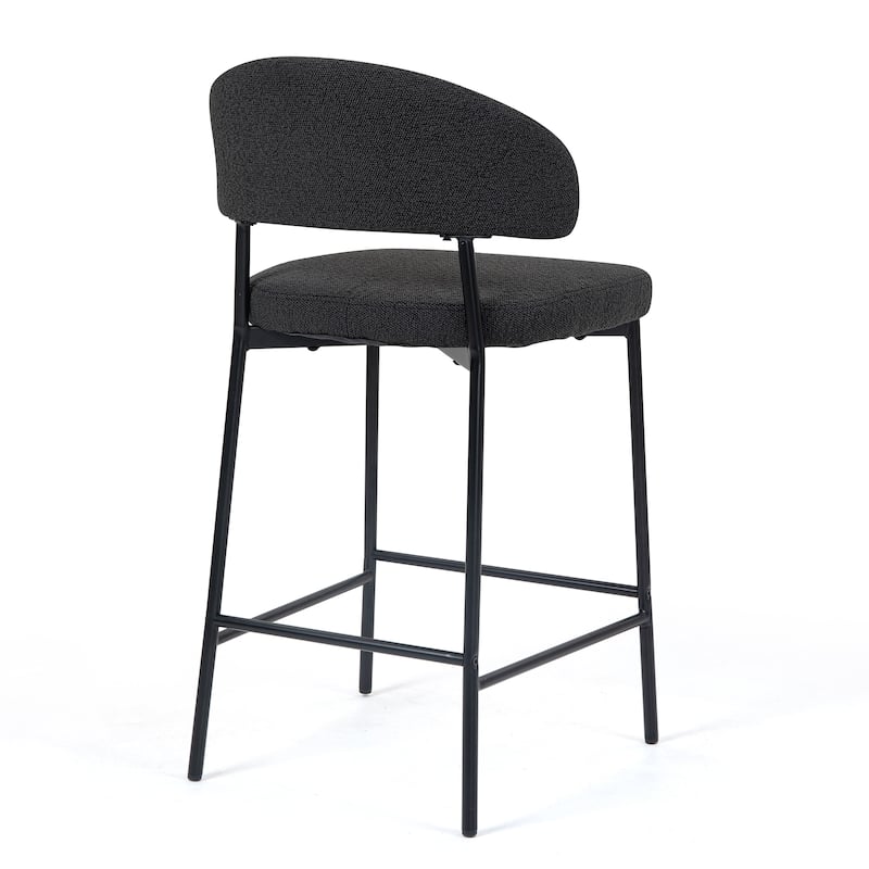 Set of 2 Bennett Black Boucle Upholstered Fabric Counter Stool with Black Iron Legs