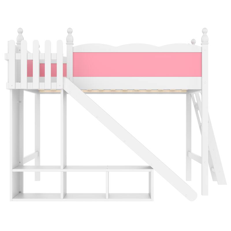 Full Loft Bed with Storage Shelves and Cabinet, Solid Wood Loft Beds with Detachable Slide and Ladders, No Spring Box Needed