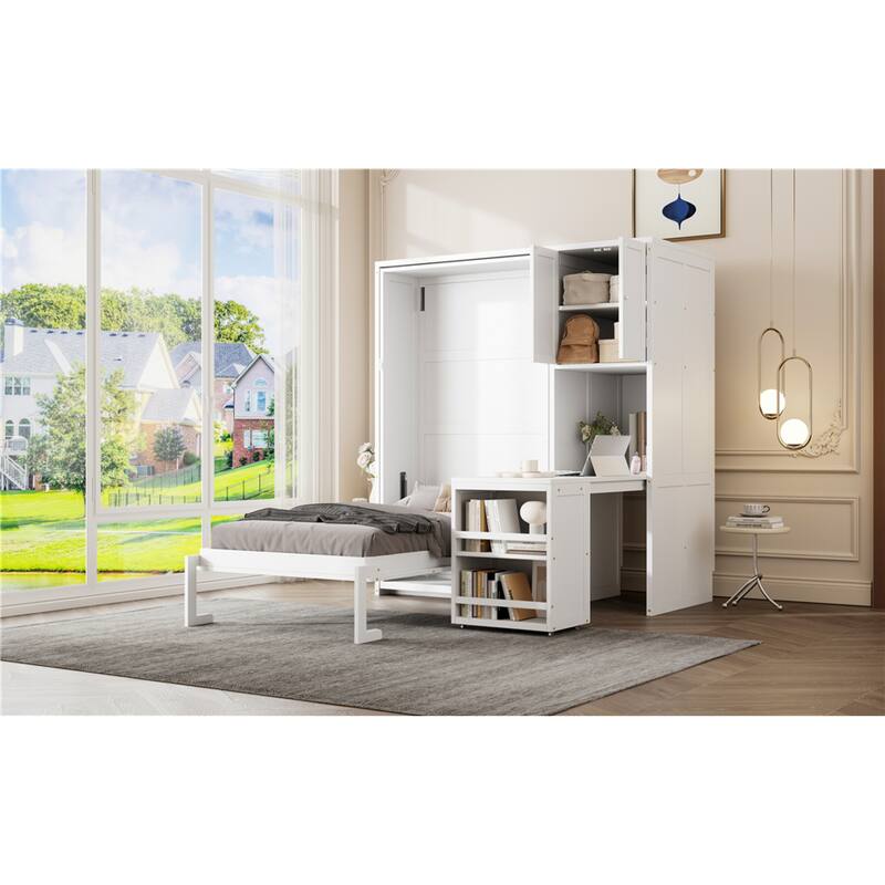 Roomfitters Twin Size Rotating Murphy Bed with Bookshelf, Tall Cabinet and Extendable Desk, Space Saving Sleeper