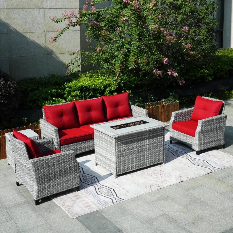 5-Piece Patio Wicker Sofa Set with Firepit Table and Rain cover