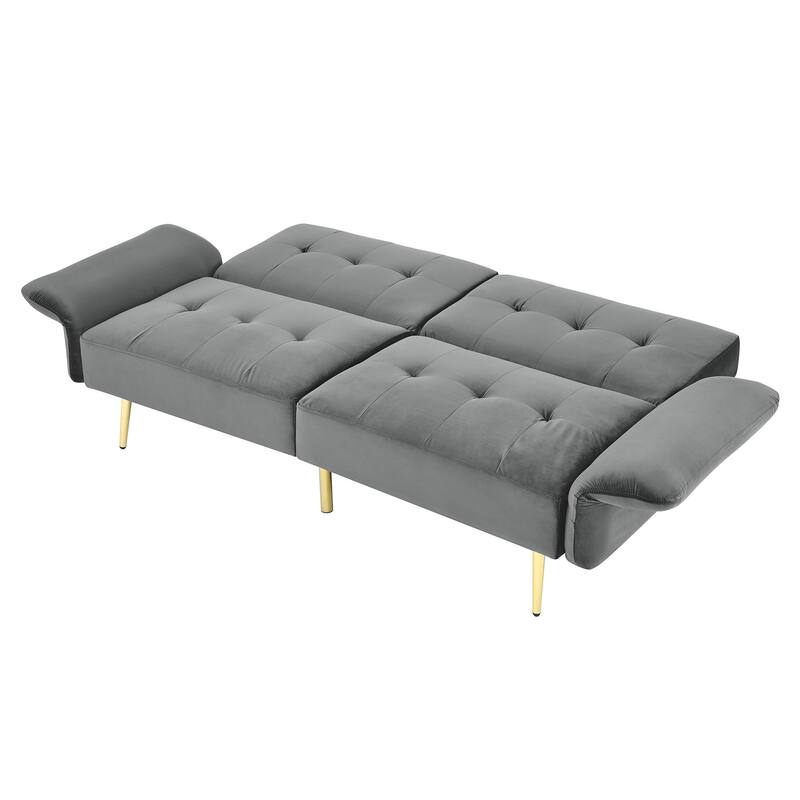 Velvet Futon Sofa Bed with Folded Armrests