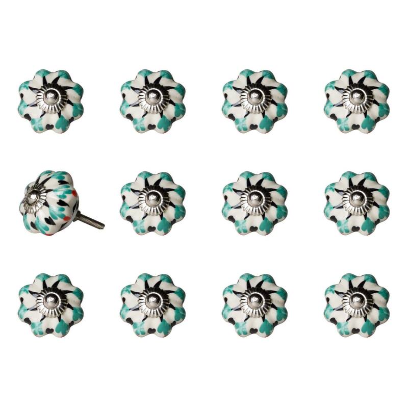 Set of 12 Hand-Painted Scalloped Ceramic Drawer Knobs - 1.5" x 1.5" x 1.5"