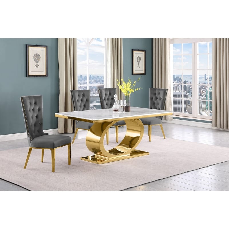 Best Quality Furniture D430/1-SC330-7 Dining Set with 68" White Marble Top - 5-Piece - Dark Grey / Gold