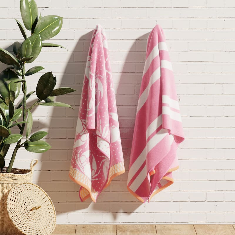 Linery & Co. 100% Cotton Jacquard 2 Pack Summer Beach Towels - 2 Pack- 30" x 60" - Pink/White Crabs / Stripe