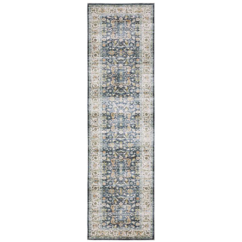 Vista Home Clarissa Washable Bordered Oriental Indoor Area Rug Mat - 2' x 8' - Blue/ Gold - Runner
