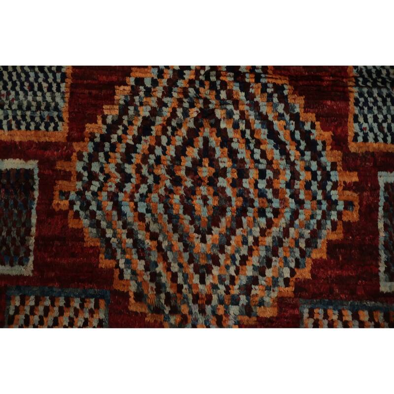 Hand Knotted Oriental 100% Wool Carpet Modern Tribal Red Moroccan Area Rug - 9' 7'' X 6' 7''