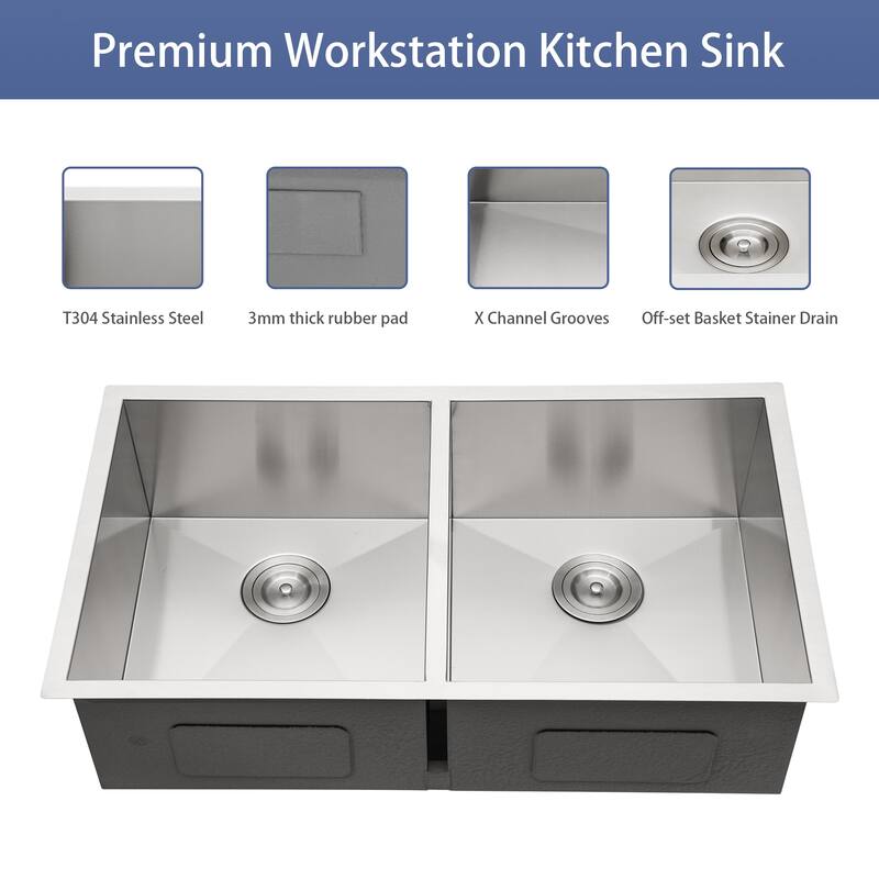 Undermount 16 Gauge Double Bowl Stainless Steel Kitchen Sink in Brushed Nickel - 33'' x 19'' x 9''