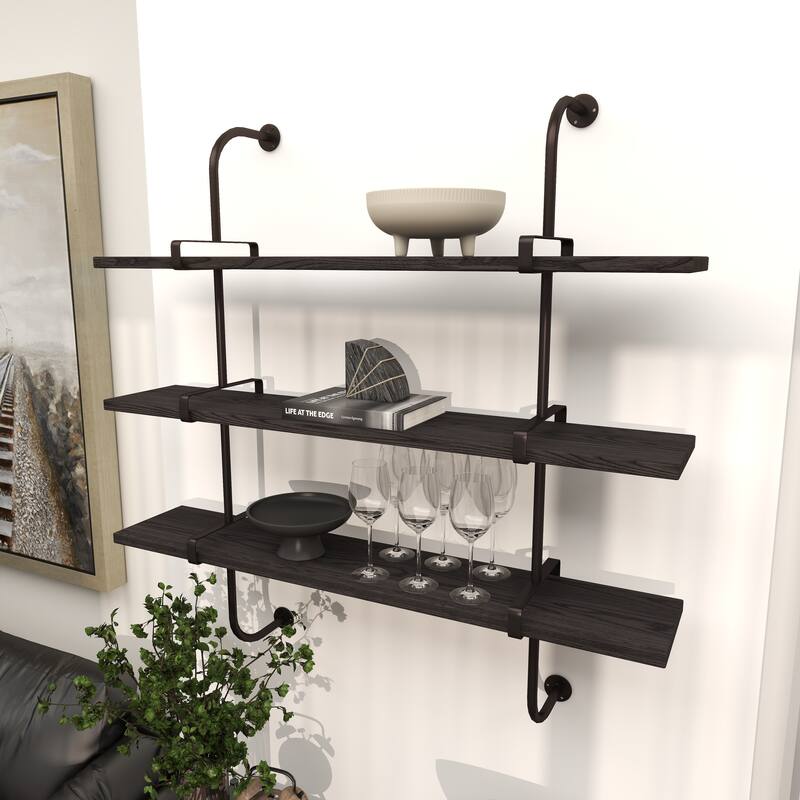 3 Level Wood Wall Shelf with Black Metal Brackets - Brown or Gray