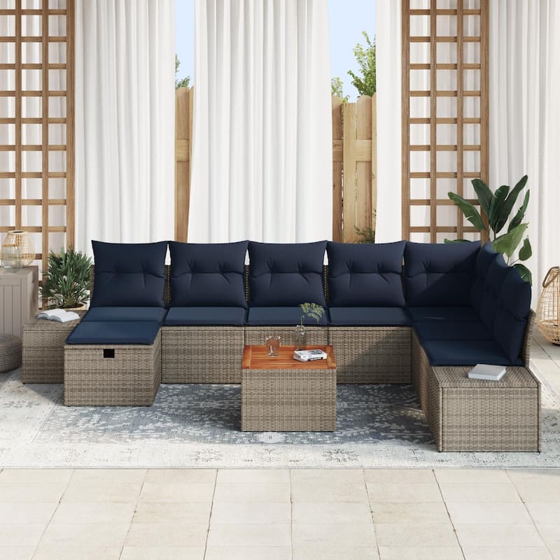 vidaXL 9 Garden Sofa Set with Cushions Black/Grey Poly Rattan - 125.6 x 82.3 x 27.2