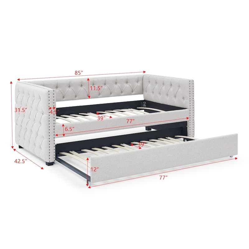 Beige Twin Size Upholstered Tufted Daybed with Button and Copper Nail on Square Arms for Bedroom