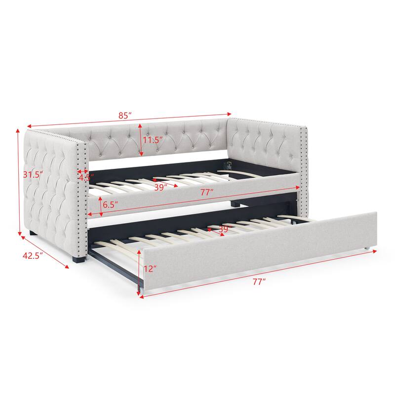 Tufted Daybed Upholstered Frame Sofa Bed with Button Copper Nail on Square Arms, and Pull-out Trundle Bed or Storage Drawers