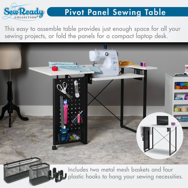 Sew Ready Pivot Sewing Table with Folding Top Adjustable Platform and Storage Peg Panel