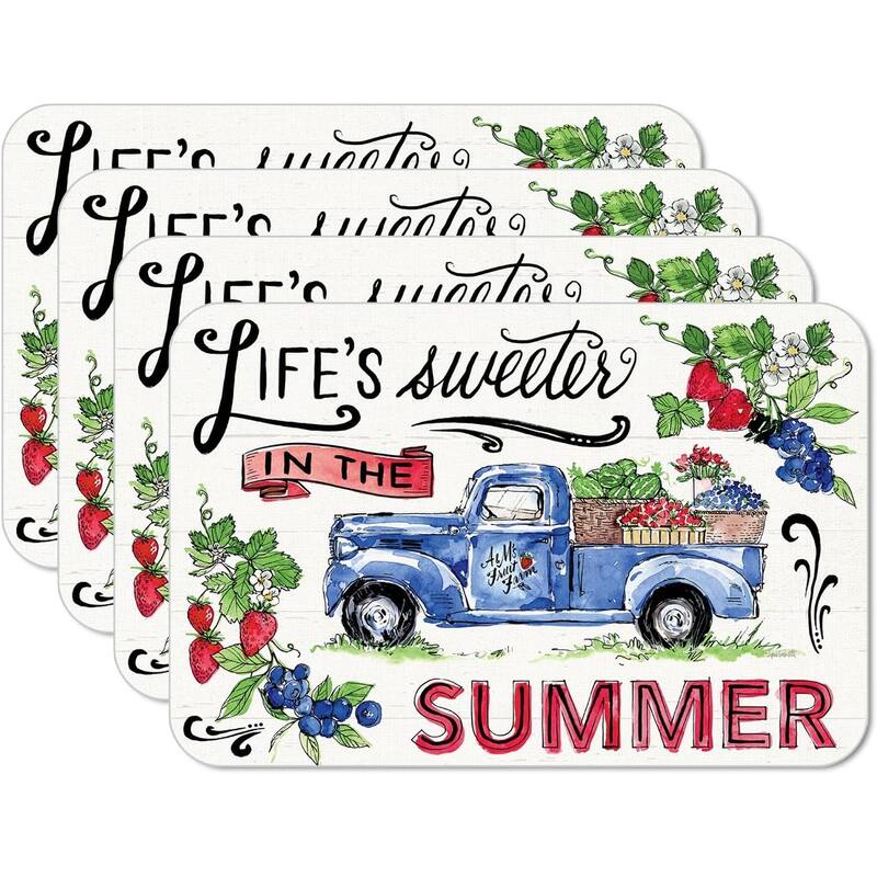 Sweet Summer 4 Pack Reversible Easy Care Flexible Plastic Placemats Made in The USA BPA Free Easily Wipes Clean - Set of 4 - multi