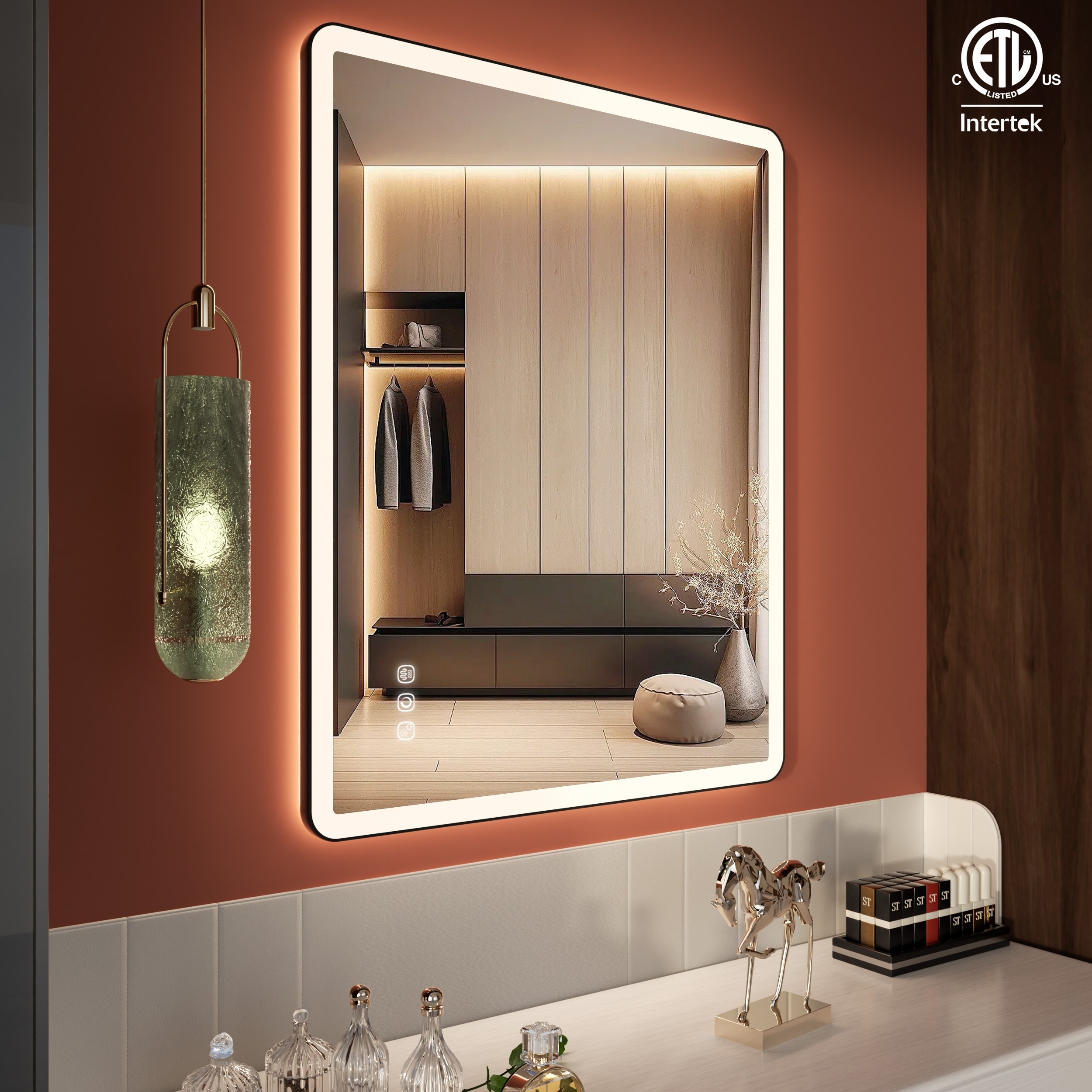 Rectangular Framed Anti-Fog Wall Bathroom Vanity LED Mirror with Backlit and Front Light