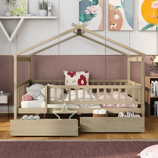 Full Size Wooden House Bed with Two Drawers and Fence, Natural