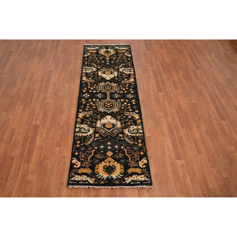 Hand-knotted Transitional Wool Carpet Black Oushak Rug Oriental Carpet Floral Area Rug Oriental Carpet - 7' 11'' X 2' 6''