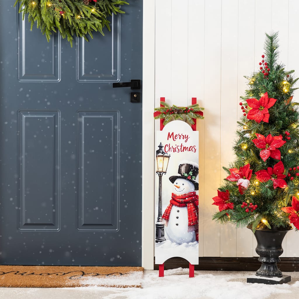 Glitzhome 36"H Wooden Christmas Snowman Sleigh Porch Sign - Multi