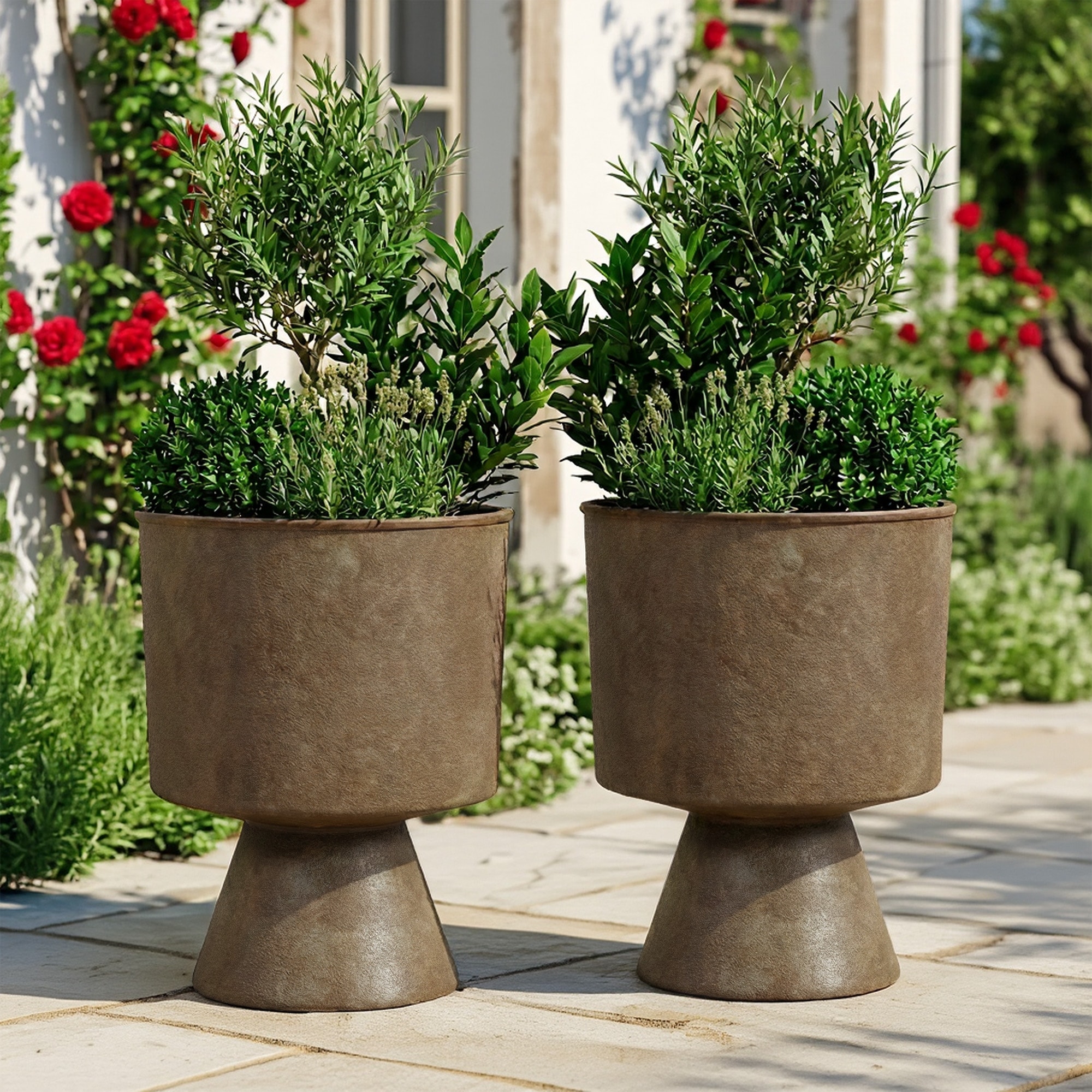 2 Pack Pedestal Planters Detachable Large Outdoor Indoor Planter with Elevated Base Stone Texture Flower Pot