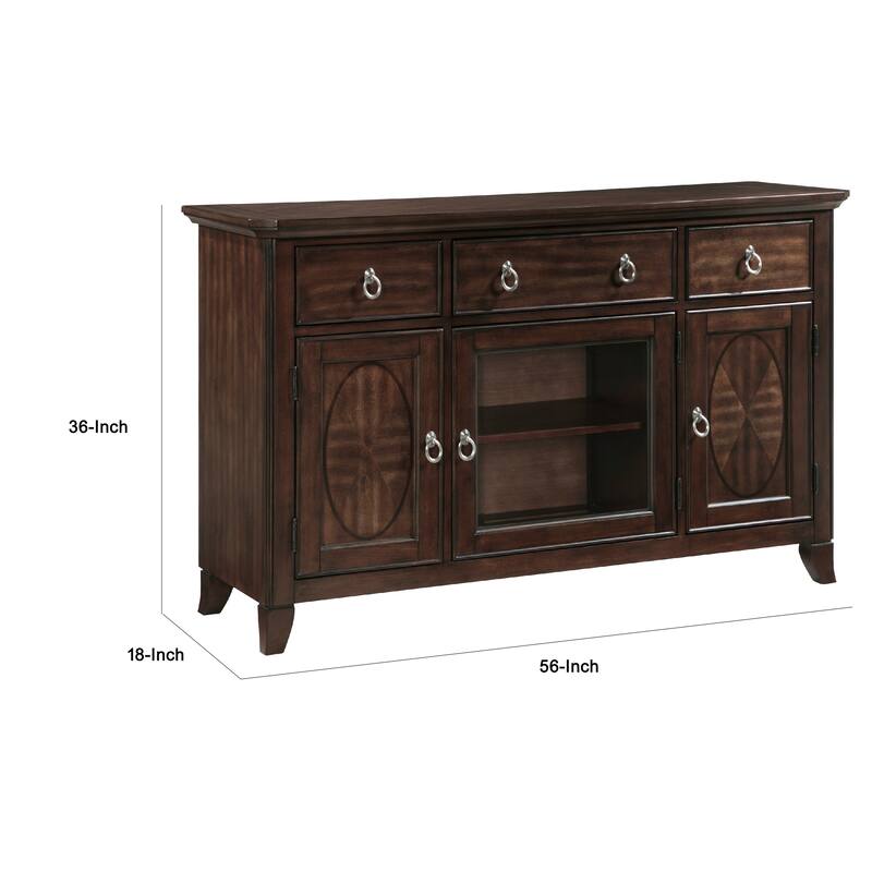 Rinie Sideboard Buffet Console, 3 Drawer 3 Cabinet, Cherry Brown Wood