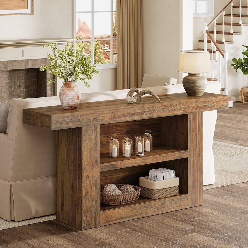 63-Inch Console/Entryway Table with Storage U-Shaped Base, 3-Tier Farmhouse Sofa Table Behind The Couch