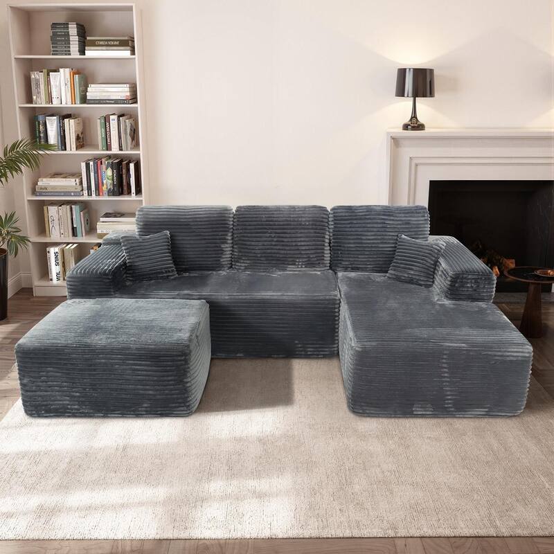 U-Shaped Sectional Couch Boneless Corduroy Couch with Chaise ‌and Ottoman‌, Upholstered Modular Lounger Sofa - Grey