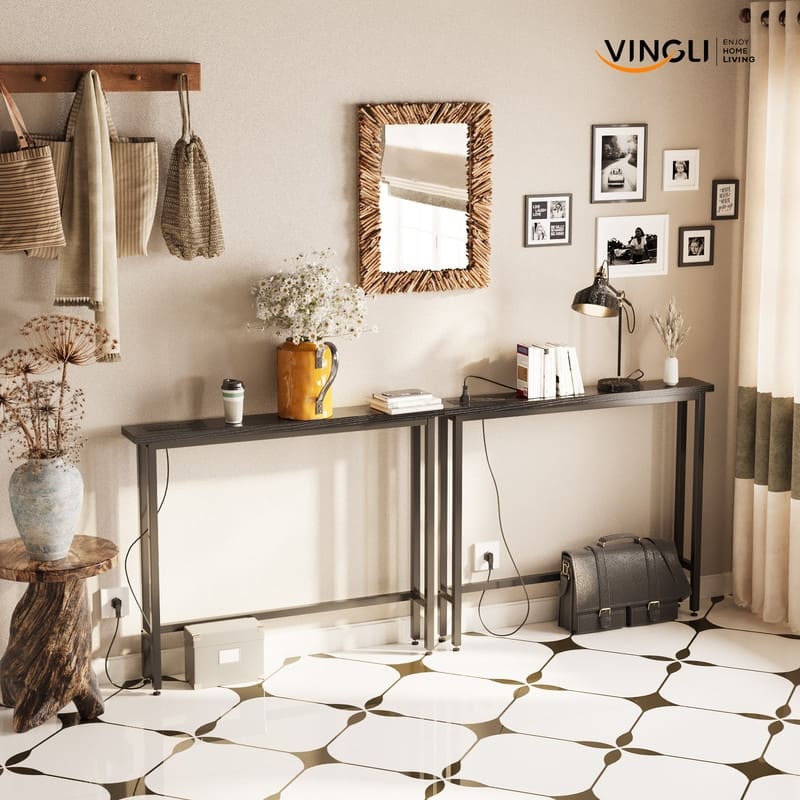 VINGLI Rust Brown 2-piece Set Melamine + Iron Hallway Table with Power Strip