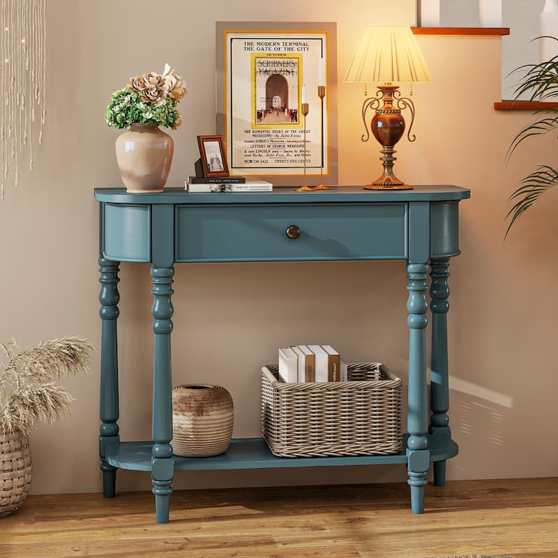 Retro Solid Wood Console Table with Drawer and Shelf Narrow Entryway Sofa Table for Living Room Hallway - 36" x 13" x 31"