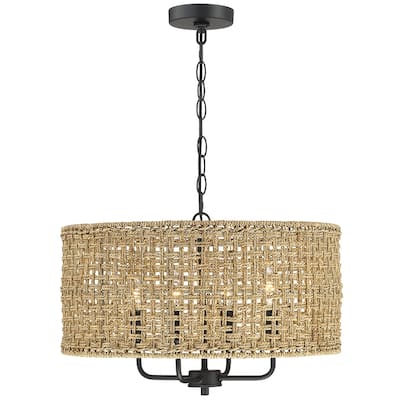 4-Light Bohemian Hand Woven Drum Chandelier - W20" x H75.6" - Black/Straw - Straw - 20 in. W