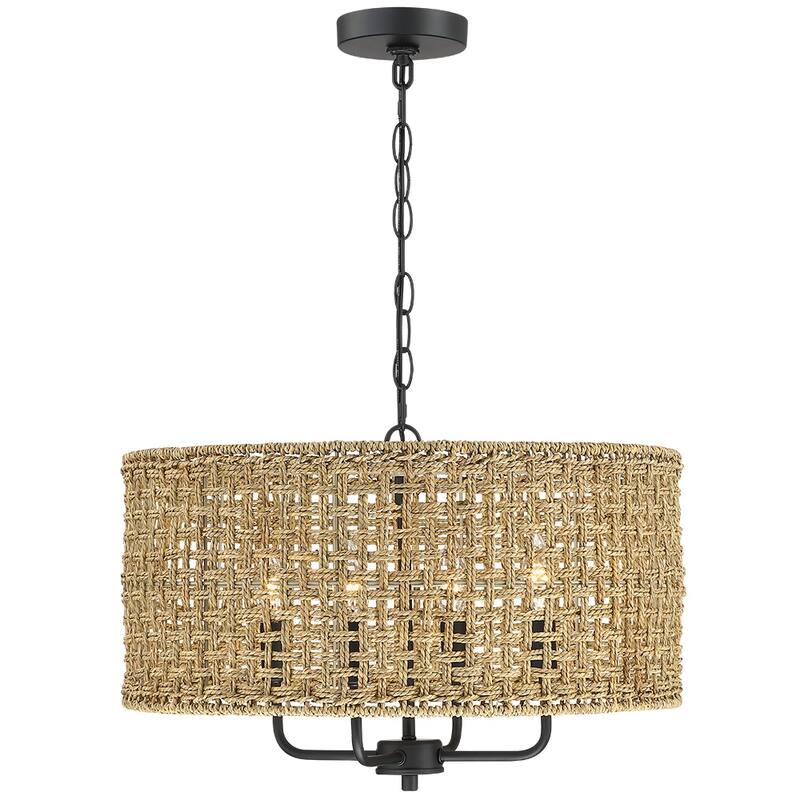 4-Light Bohemian Hand Woven Drum Chandelier - W20" x H75.6" - Black/Straw - Straw - 20 in. W - 20 in. W