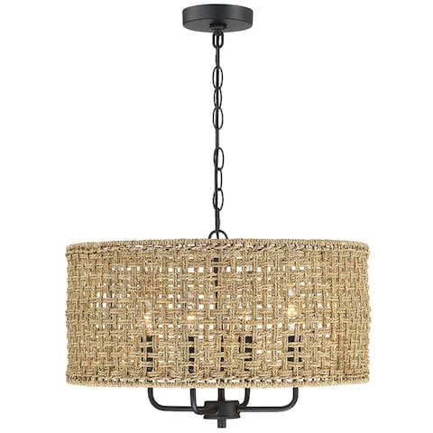 4-Light Bohemian Hand Woven Drum Chandelier - W20" x H75.6" - Black/Lime - 20 in. W - Black/bisque - 20 in. W