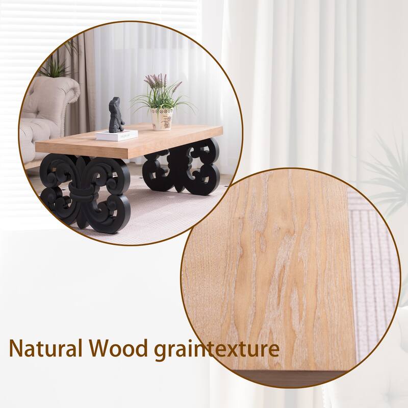 Black Scroll Base Coffee Table, Rectangular Wood Accent Table for Modern Farmhouse Living Rooms