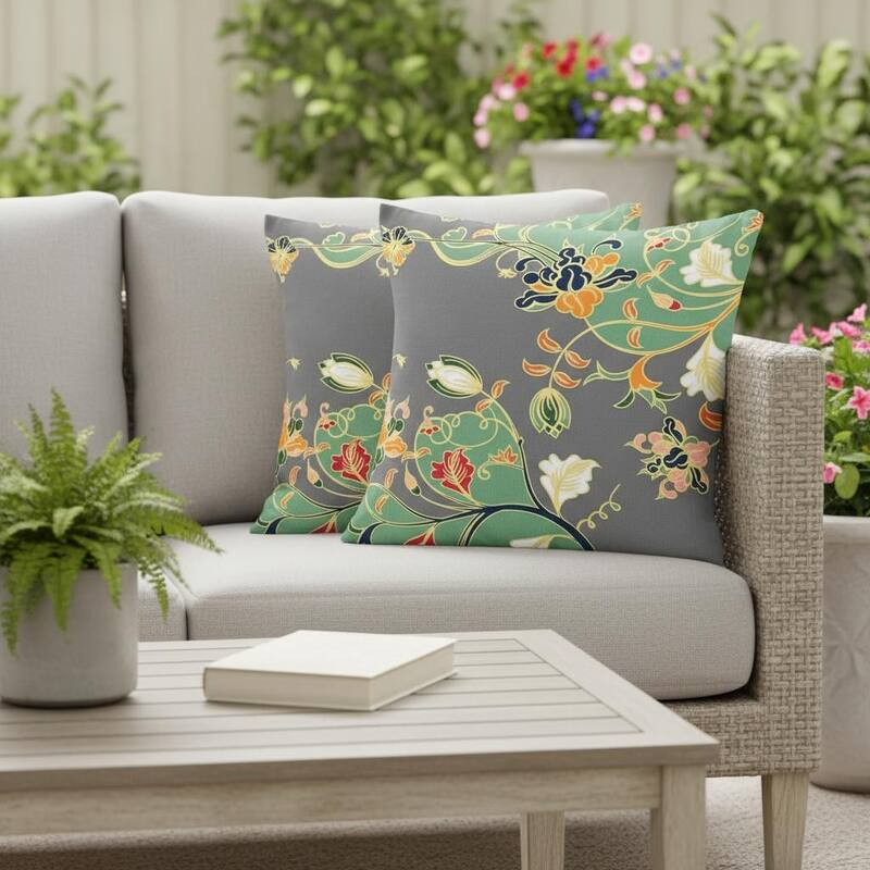 HomeRoots Set of Two 16" X 16" Gray and Orange Blown Seam Floral Indoor Outdoor Throw Pillow - 16.00' X '16.00' X '5.00 - Orange/Gray - 16.00' X '16.00' X '5.00