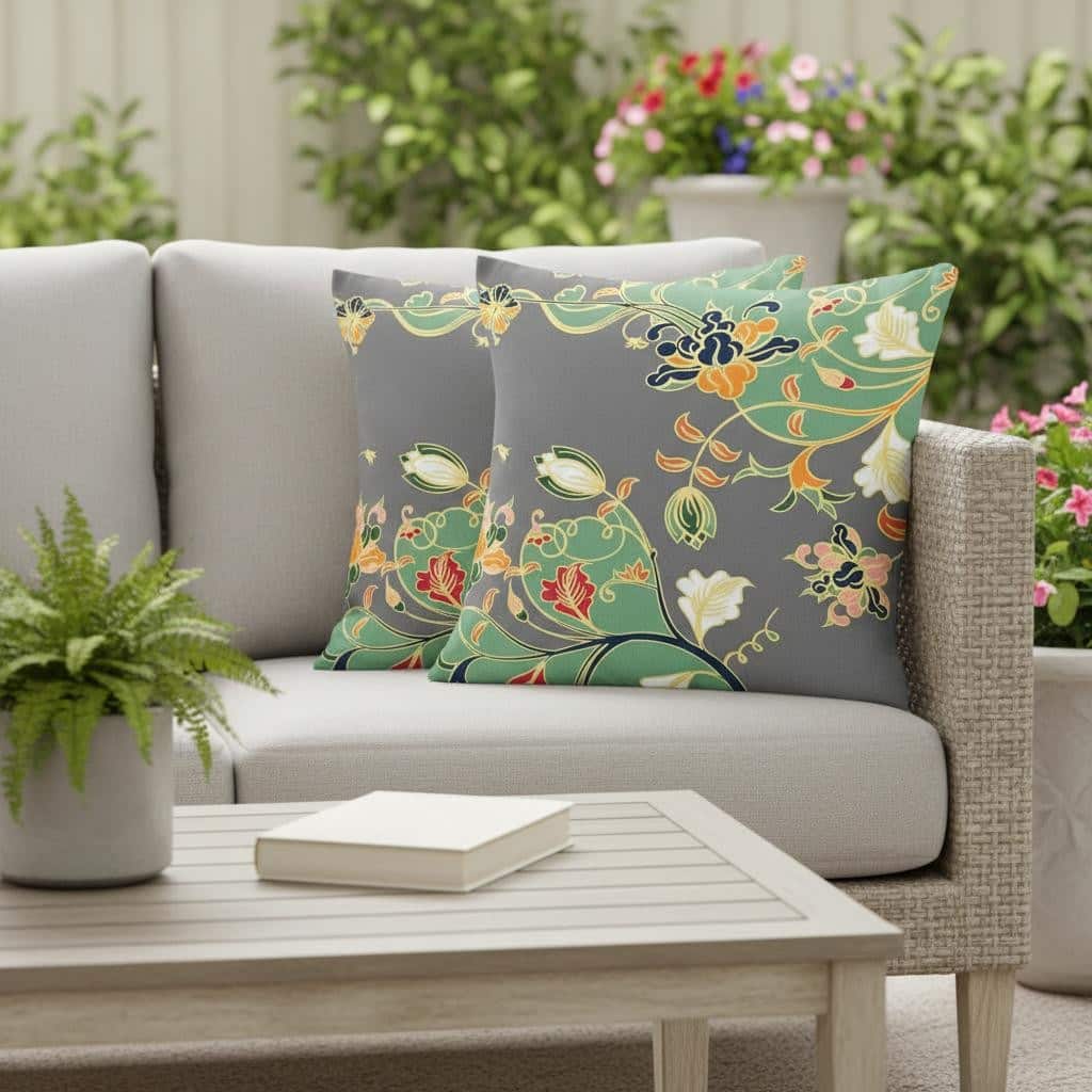 HomeRoots Set of Two 16" X 16" Gray and Orange Blown Seam Floral Indoor Outdoor Throw Pillow - 16.00' X '16.00' X '5.00