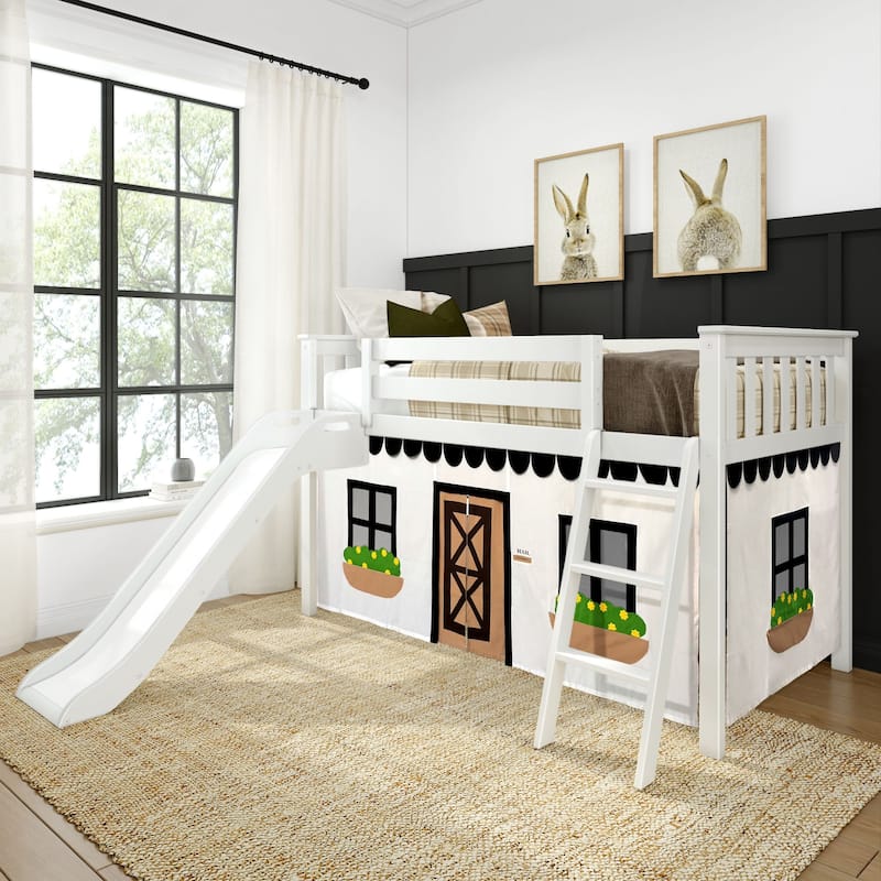 Max and Lily Classic Twin-Size Low Loft with Easy Slide and Curtain - White