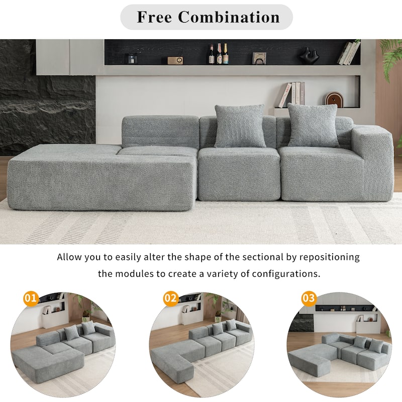 116.5" Grey Polyester Sectional Sofa, Free-combined, for Living Room