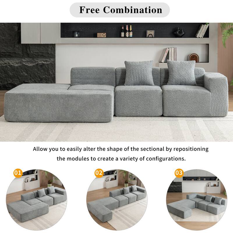 Grey 116.5" Versatile 4-Seater Sectional Sofa with Customizable 4-Piece Design in Ultra-Soft Boucle Fabric and Two Back Cushions