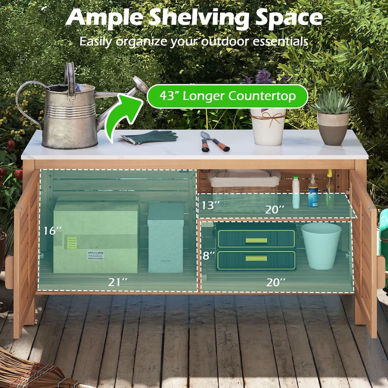 43" Outdoor Wooden Storage Cabinet with Adjustable Shelves and Faux Marble Top Soft-Close Hinges - 43" x 16" x 24"