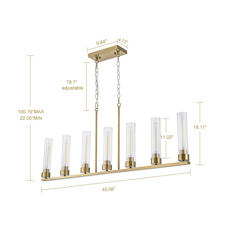 Modern 7-Light Linear Pendant Light with Clear Ribbed Glass