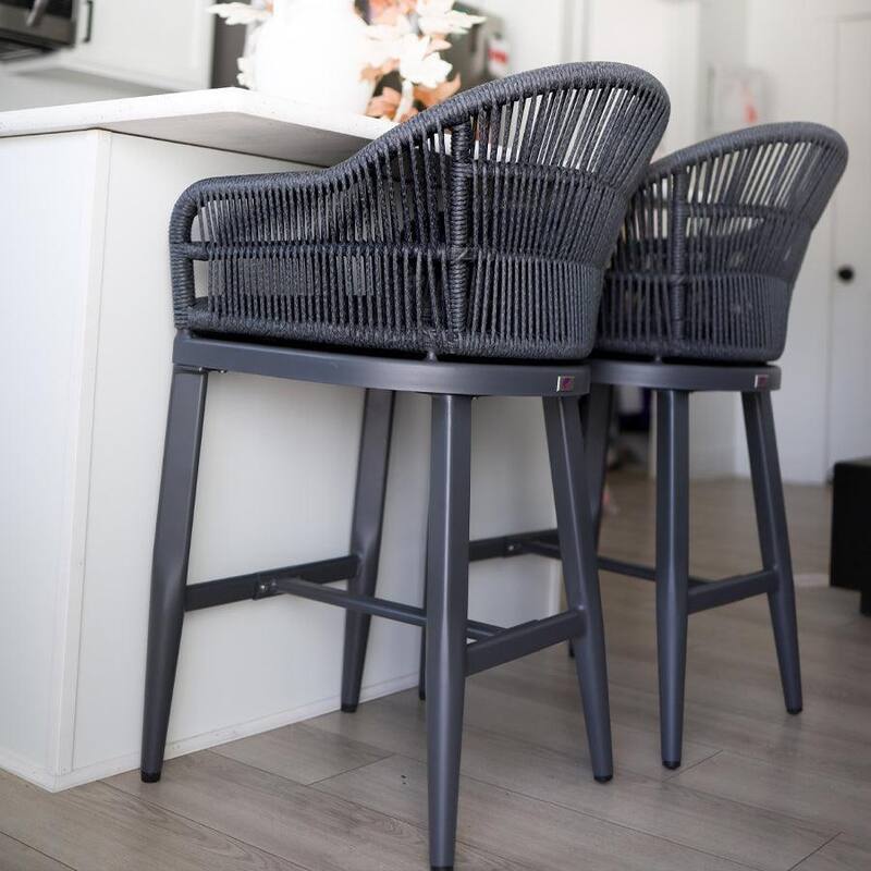 PURPLE LEAF Modern Rattan Bar Stools Set of 2 with Cushion and Back Counter Stools - Grey - Bar Height