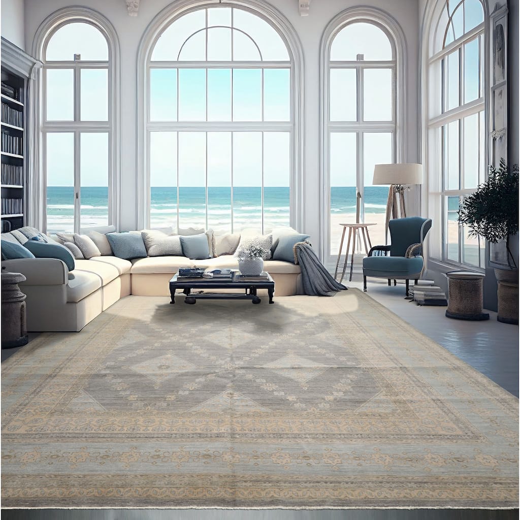 12'4''x15'6'' Hand Knotted Wool Slate Peshawar Transitional Oriental Area Rug - 12' 4'' x 15' 6''