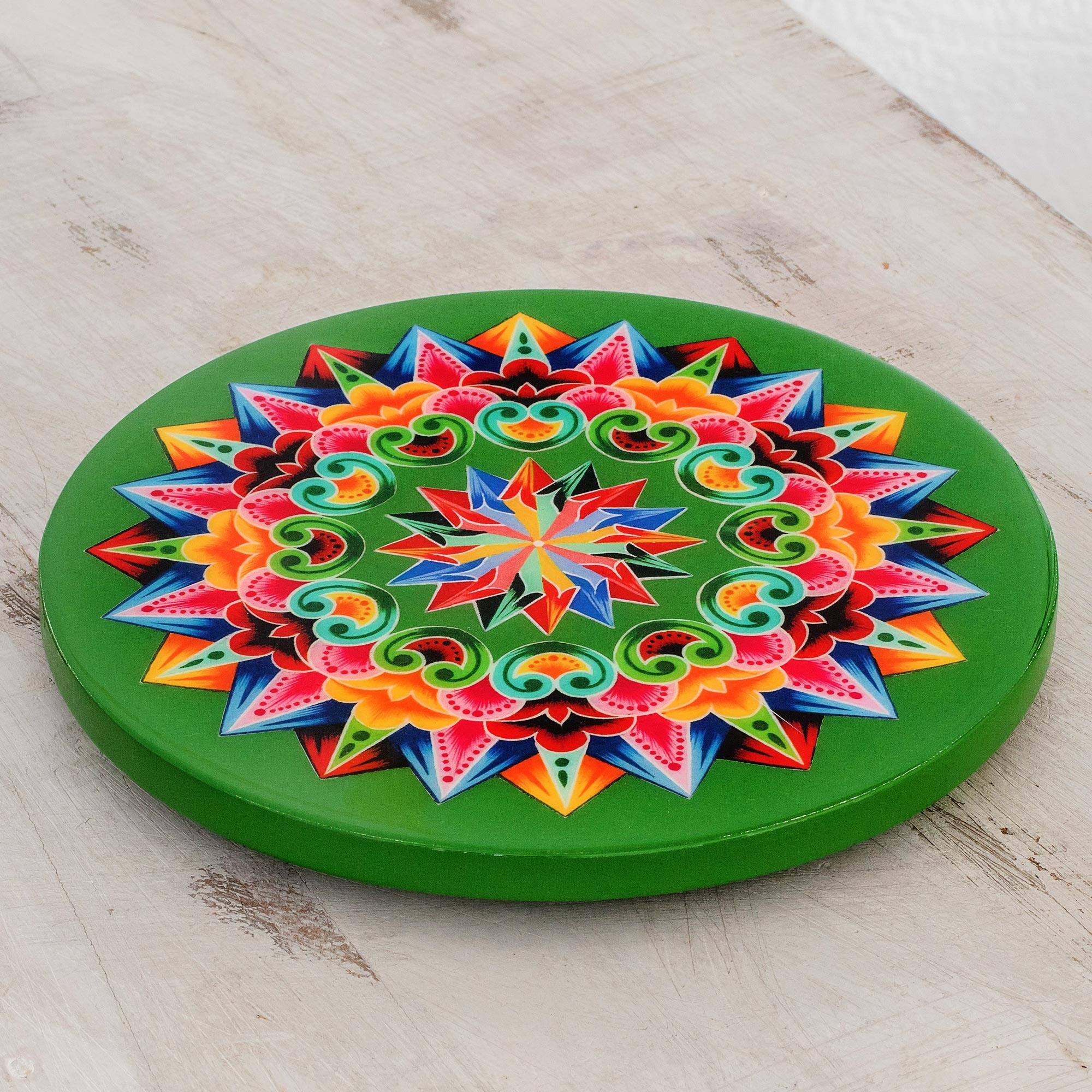 Novica Handmade Traditional Colors In Green Decoupage Wood Trivet - Bed ...