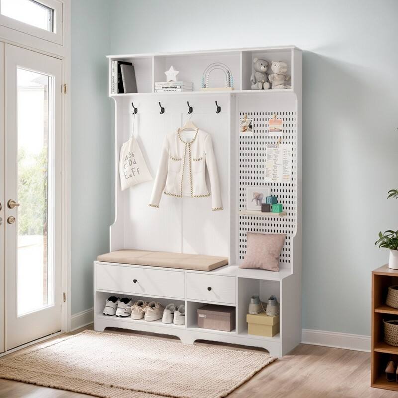 Hallway Hall Tree with Removable Cushioned Bench, Coat Rack, Storage Shelves