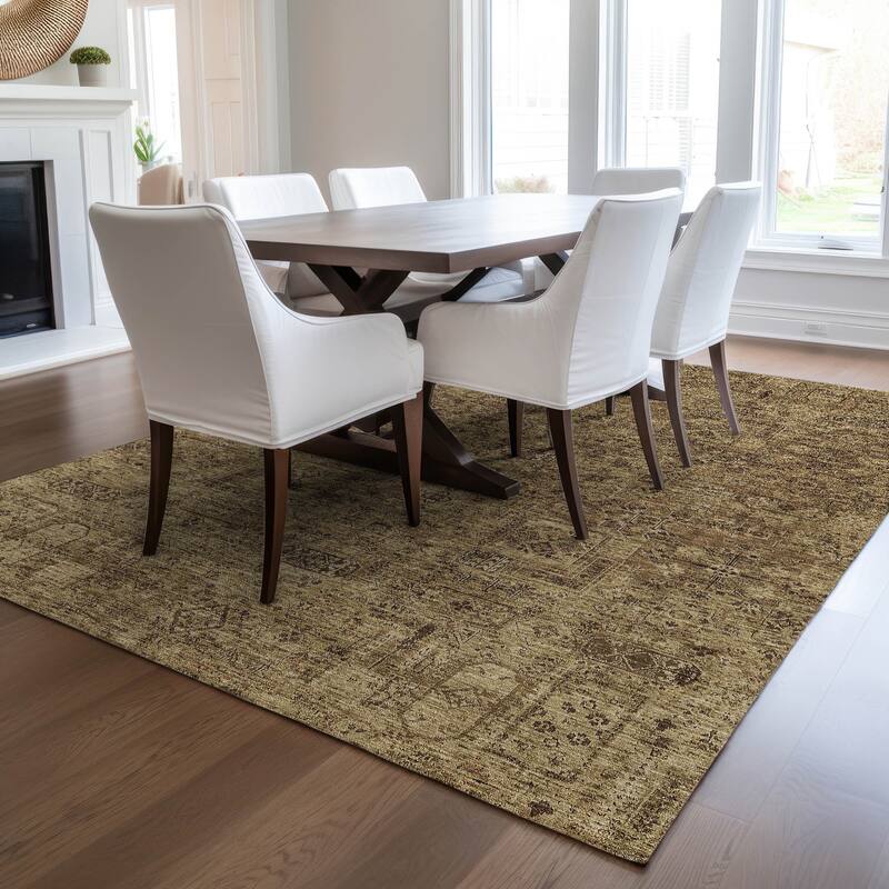 Machine Washable Indoor/ Outdoor Chantille Vintage Traditional Rug - Mocha - 10' x 14'