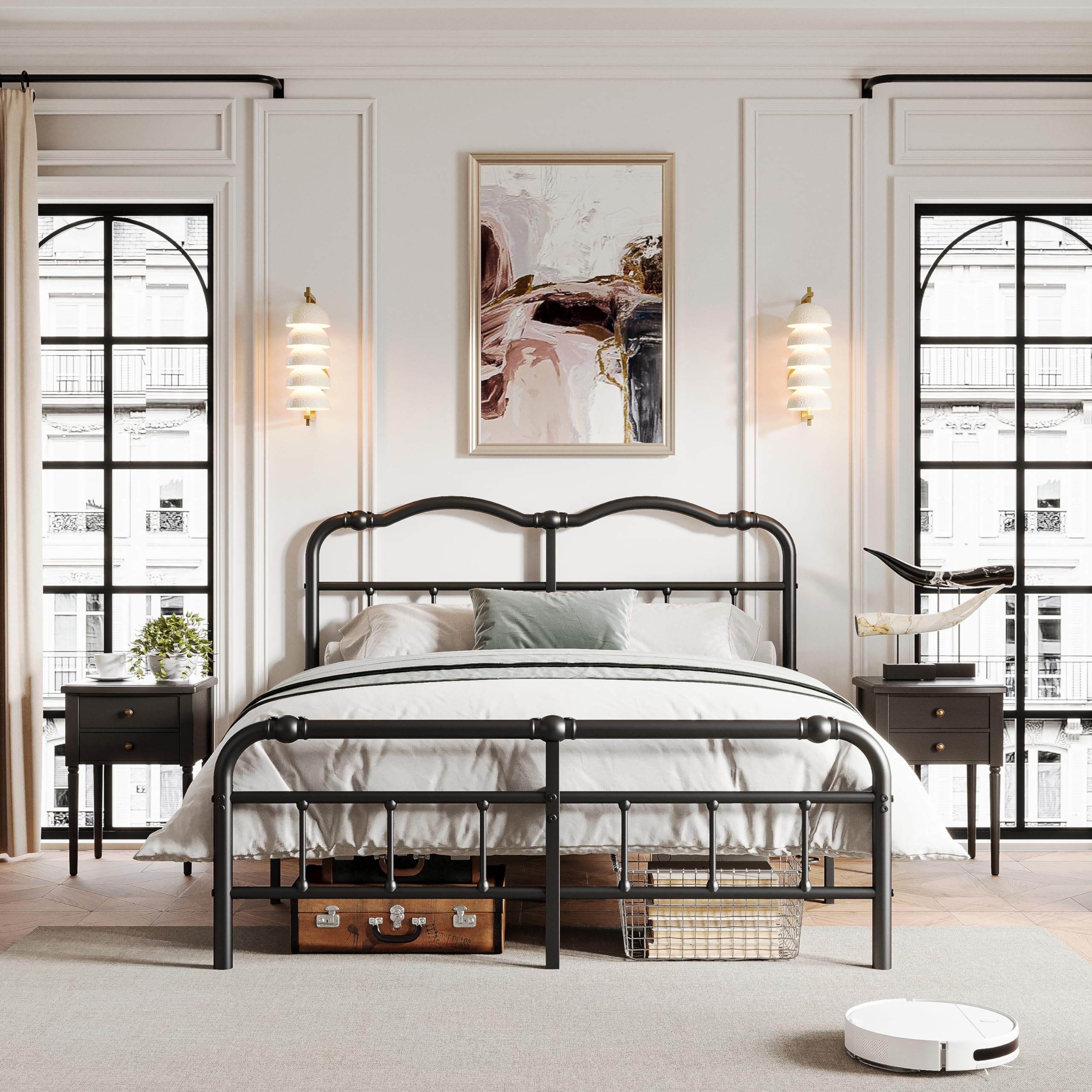 18-Inch Vintage Metal Bed Frame with Wavy Headboard & Footboard, Noise-Free, Easy Assembly