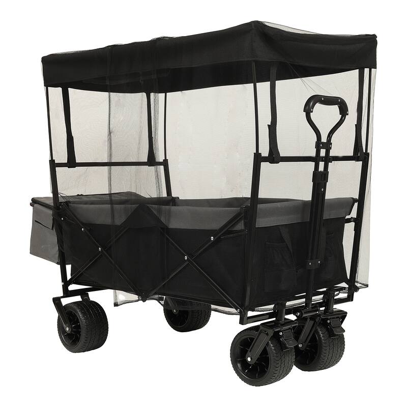 480lb Collapsible Wagon with Canopy & Mosquito Net - 7" All-Terrain Wheels, Lightweight Design, Black
