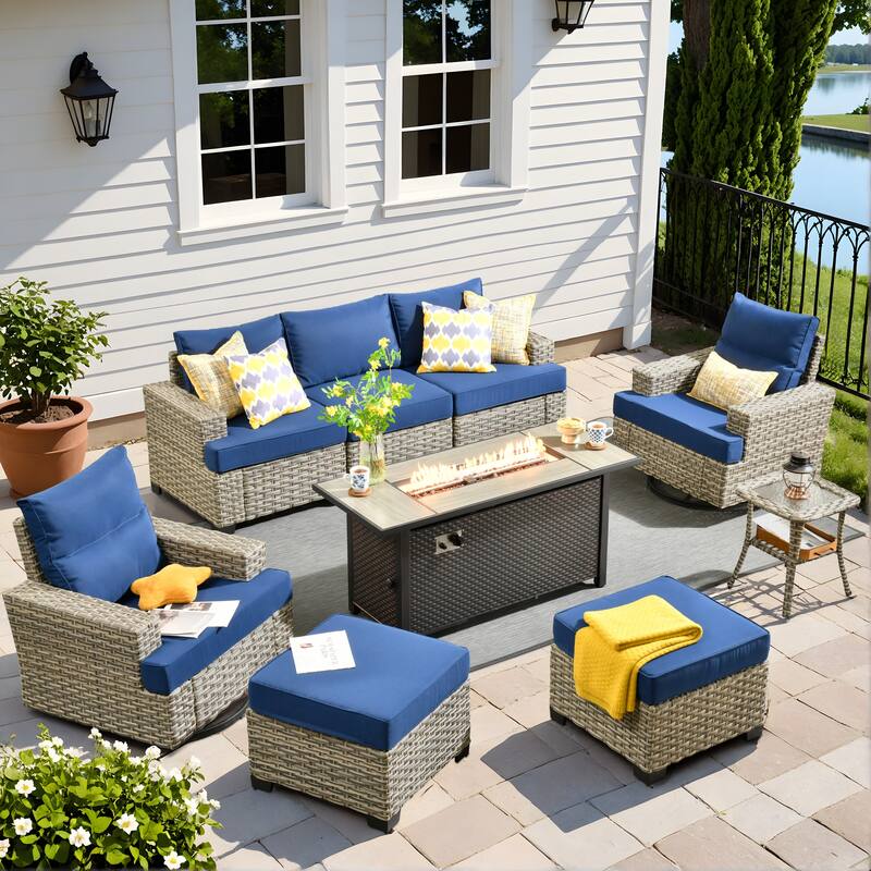 XIZZI 9-Piece Outdoor Patio Furniture Swivel Chair Set with Fire Pit - Navy Blue