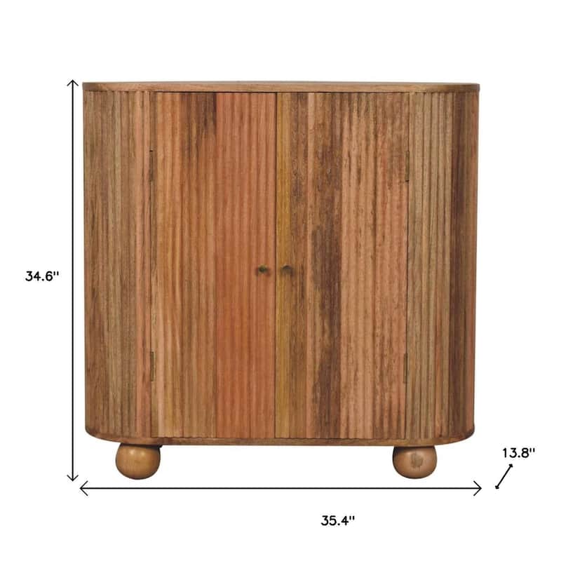 HomeRoots 35" Brown Solid Wood Ribbed Texture Oval Accent Cabinet With Two Doors