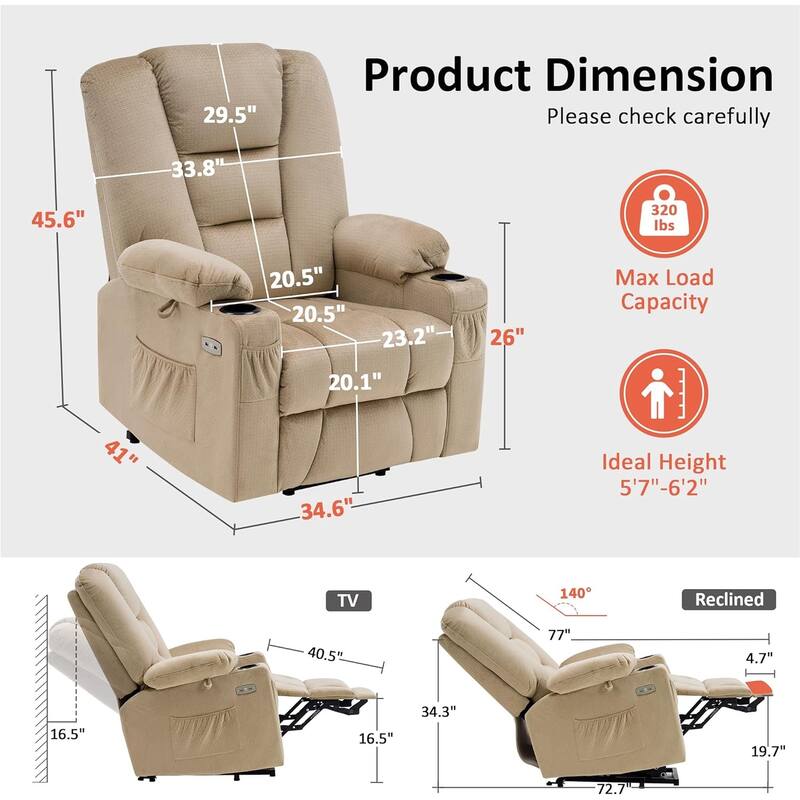 MCombo Large Electric Power Lift Recliner Chair with Massage and Heat for Elderly, Fabric 7549